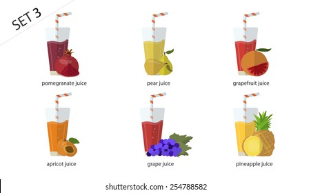 A set of fresh isolated fruit  juice: the blue juice grapes, grapefruit juice, pear juice, apricot juice, pineapple juice, pomegranate juice. 6 cups of juice.
