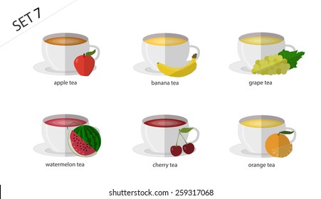 A set of fresh isolated fruit  juices: the juice of green grapes, Apple juice, orange juice, banana juice, cherry juice, watermelon juice. 6 cups of juice.