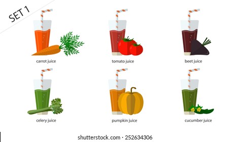 A set of fresh isolated vegetable juices: carrot juice, cucumber juice, tomato juice, pumpkin, beet, celery juice. 6 cups of juice.