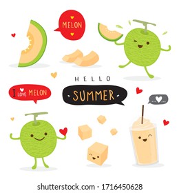 Set of fresh Japanese melons, orange melon or cantaloupe melon with smoothie. Fruit Summer Cartoon Smile Funny Cute Character Vector