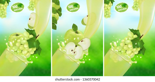 Set fresh juice Apple and Grape with splash. Flow of liquid with drops and sweet  fruit 3d realistic vector illustration on the background of nature. Package design or poster, advertising.