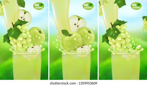 Set fresh juice Grape and Apple with splash. Flow of liquid with drops and sweet  fruit 3d realistic vector illustration on the background of nature. Package design or poster, advertising.