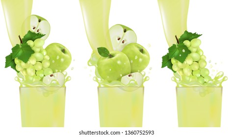 Set fresh juice Grape and Apple with splash. Flow of liquid with drops and sweet  fruit 3d realistic vector illustration isolated on white background. Package design or poster, advertising.