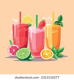 Conjunto de ilustraciones de jugo fresco en un estilo plano, colores jugosos, frutas diferentes. La frescura y la bondad natural de los zumos, las bebidas deliciosas y saludables