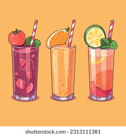Set of fresh juice illustrations in a flat style, juicy colors, different fruits. The freshness and natural goodness of the juices, delicious and healthy beverages