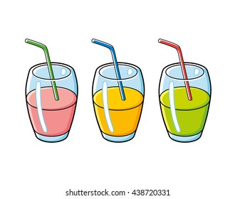 Set of fresh juice or smoothie glasses, different flavors and colors, vector isolated.