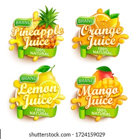 Set Of Fresh Juices Logo. Pineapple, Orange, Lemon And Mango Juice Label With Splash, Fruit Slice On For Brand,template,emblem,store,packaging,advertising.100 Percent Natural Tropical Juice.Vector.