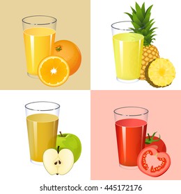 Set of fresh  juices. Realistic transparent glasses with squeezed fruit citrus and vegetable juices (orange apple pineapple tomato)