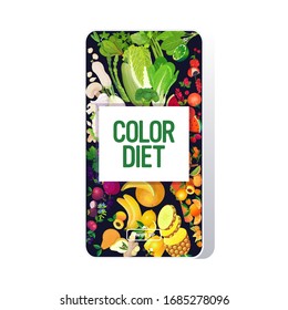 set fresh juicy berries vegetables fruits herbs composition healthy natural food color diet concept smartphone screen mobile app vertical vector illustration