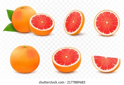 Set of fresh juicy grapefruit with leaves. Half, slice, and whole of citrus fruit, isolated on transparent background. Summer fruits for healthy lifestyle. Realistic 3d vector illustration