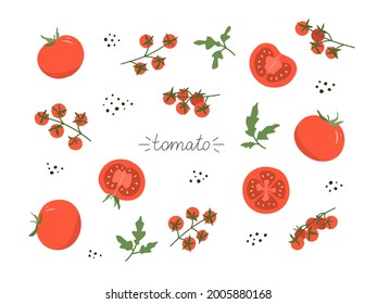 A set of fresh, juicy tomatoes. The set contains tomatoes and cherry tomatoes, whole and sliced. Healthy, natural food. Flat cartoon colorful illustration - eps10 vector.