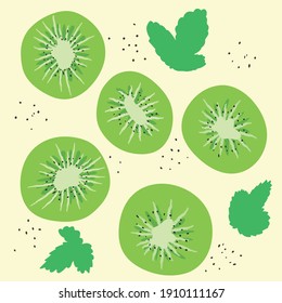 Set Of Fresh Kiwi Fruit Vector Clipart Set Hand Drawn Childish Flat Style Isolated On White Background.