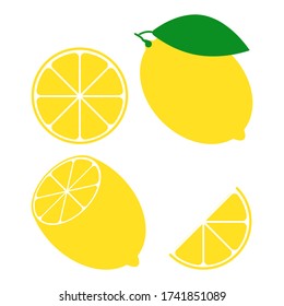 Conjunto de fruta fresca de limón aislada sobre un fondo blanco. Cítricos enteros, a la mitad, en rodajas. Colección de cítricos. Logo o insignia de limón.