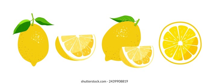 Set of fresh lemon fruits with leaves. Vector illustration isolated on a white background