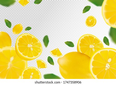 Set of fresh lemon with green leaves.Falling lemon on transparent background. Lemon rich in vitamins C. Flying lemon fruits are whole and cut in half. Vector illustration