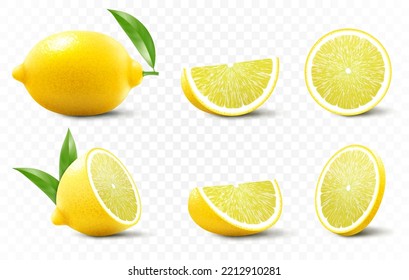 A set of fresh lemon isolated on transparent background. A whole lemon, half and slice a lemon. Realistic 3d vector illustration. Fully editable handmade mesh.