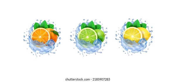 Set of fresh lemon, orange, lime with ice and mint, Mojito, orange juices, lemonade in water splash. Realistic lemon, lime orange fruits