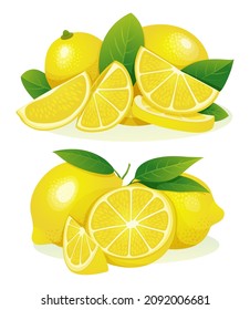 Set of fresh lemon whole, half and cut slice with leaves illustration isolated on white background