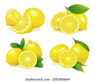 Set of fresh lemon whole and half cut with leaves illustration isolated on white background