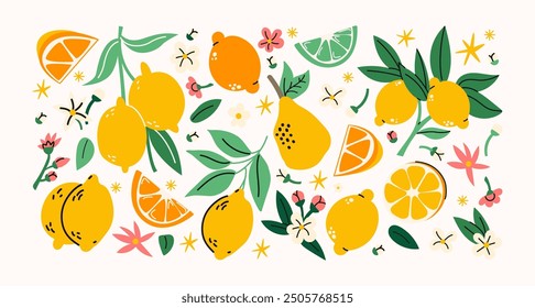 Set fresh lemons citrus fruits in cartoon style. Organic tropical fruits, lemonades, lemon wedges. Vegetarian stickers set of healthy food and vitamin C.