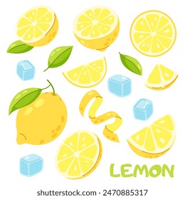 Set of fresh lemons and ice cubes in flat style. Citrus fruit. Fruit ingredient for drinks and desserts.