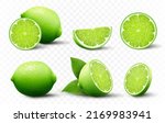 Set of fresh Lime. Whole, half, cut slice lime fruits isolated on transparent background. Summer citrus for healthy lifestyle. Organic fruit. Realistic 3d Vector illustration for any design.