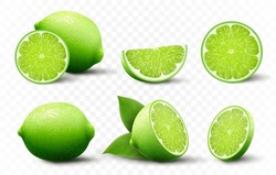 Set Of Fresh Lime. Whole, Half, Cut Slice Lime Fruits Isolated On Transparent Background. Summer Citrus For Healthy Lifestyle. Organic Fruit. Realistic 3d Vector Illustration For Any Design.