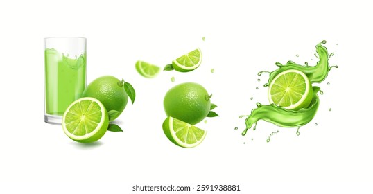 Set of fresh Lime. Whole, half, cut slice lime fruits isolated on White background. Drink glass of lemonade, splashing mojito. Citrus fruit juice splash. Realistic 3d Vector illustration