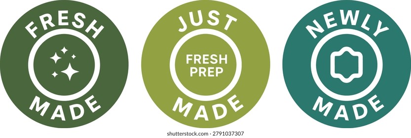 Set of fresh made, just made, and newly made circular label badges for food packaging and product branding