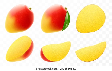 Set of fresh mango fruit. Whole and slice mango fruit with leaf. Exotic mango fruit isolated on transparent background. Summer tropical vitamin food. Realistic 3d vector illustration