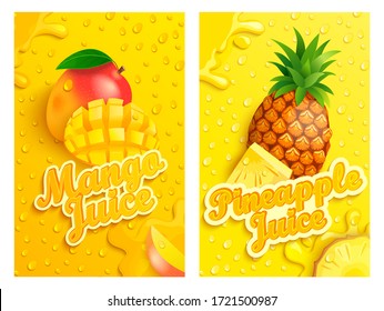 Set of fresh mango and pineapple juices backgrounds with drops from condensation, splashing and fruit slices for brand,logo,template,label,emblems,stores,packaging,advertising.Vector illustration