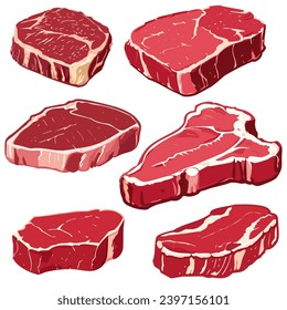 Set of fresh meat. Different parts of animal meat beef and pork. Steaks vector illustration.