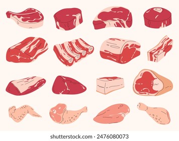 Set of fresh meat. Different parts of animal meat beef and pork. Vector illustration