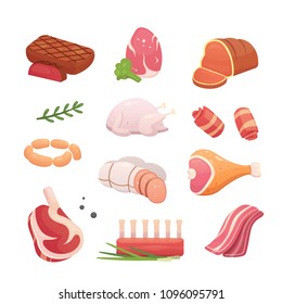 Set fresh meat products. Steak in cartoon style. Vector isolated illustration beef steak, pork sausage, ham, bacon slice. Menu design.