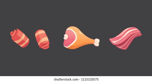 Set fresh meat products. Steak in cartoon style. Vector isolated illustration.