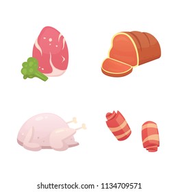 Set fresh meat products. Steak illustration in cartoon style. Vector isolated illustration.