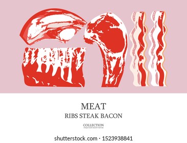 Set of fresh meat products. Vector illustration. Entrecote, ribs, bacon.