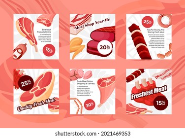 Set of fresh meat sale squared posters vector flat illustration. Collection of online discount coupons for buying products at butcher shop or market. Promo advertising for internet grocery shopping