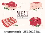 A set of fresh meat with seasonings. Different parts of animal meat beef and pork. Vector illustration