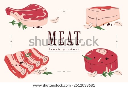 A set of fresh meat with seasonings. Different parts of animal meat beef and pork. Vector illustration