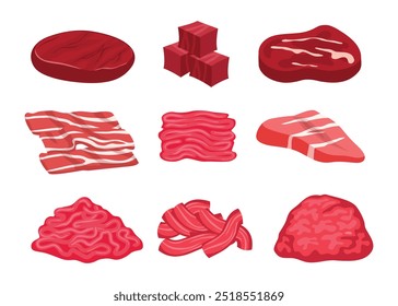 Conjunto de coleção de desenhos animados de encontro fresco, sortimento de fatias de carne do prato. Carne picada, carne crua cortada em cubos, carne de cordeiro picada não cozida de moedor, isolada em fundo branco.