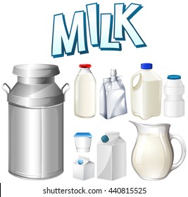 Set of fresh milk in different containers illustration