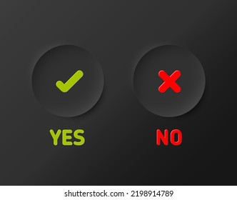 Set of fresh minimalist dark icons for various status - yes, no, accept, cancel in dark gray relief circles on black gradient background - green and red color