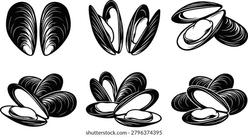 Set of fresh mussel shellfish hand drawn black ink sketch