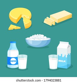 Set of fresh natural dairy products. Vector milk, butter, cheese, kefir, cottage cheese icons in a trendy flat style. Farm produce isolated on blue background.