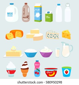 Set of fresh natural dairy products. Flat icons in cartoon style isolation on a light background.