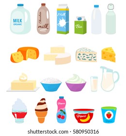 Set of fresh natural dairy products. Flat icons in cartoon style isolation on a white background.