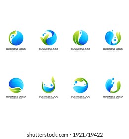 set fresh nature logo, water and leaf, combination logo with 3d green and blue style