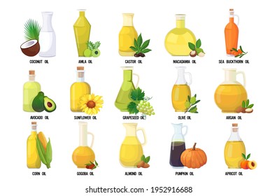 set fresh oil glass bottles collection with different organic vegetables and fruits names isolated on white background horizontal