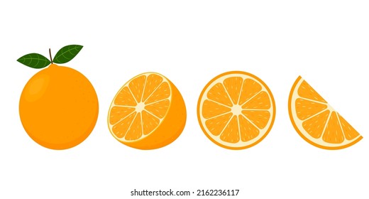 Set frischer Orangen. Orangefarbene Früchte einzeln auf weißem Hintergrund. Vektorgrafik für Design und Druck